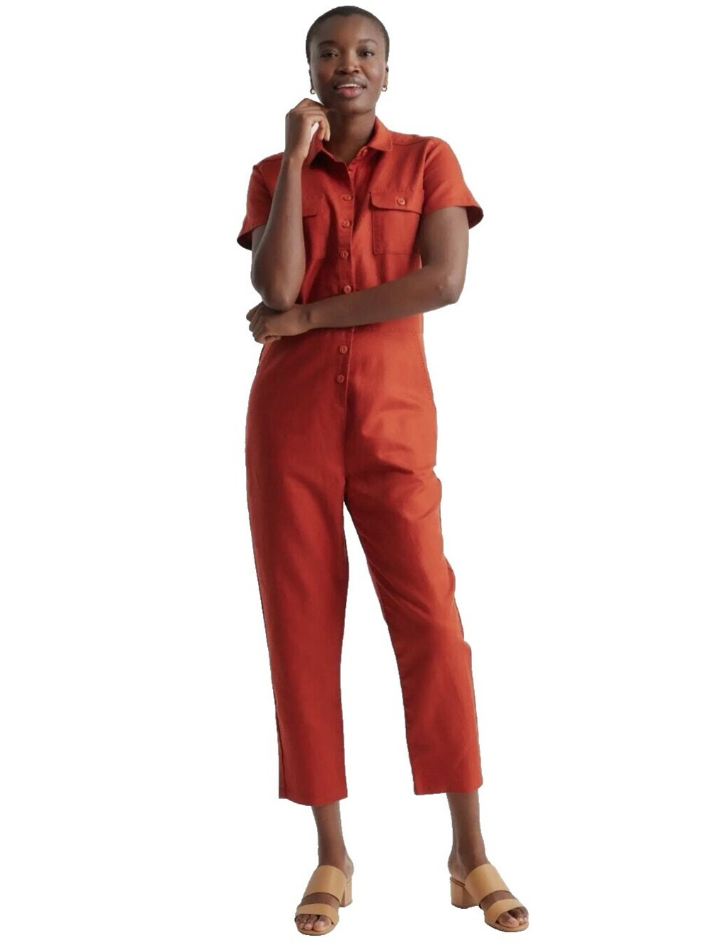 Quince Cotton Linen Twill Short Sleeve Coverall Jumpsuit (Rust Red) - SMALL